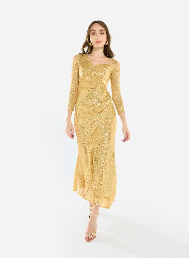 هاوس اوف مودا فستان طويل بفتحة وتصميم ملفوف مزين بالترتر